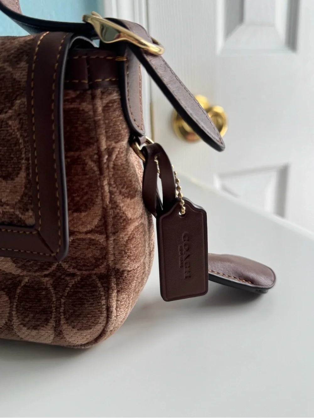 Coach Brown Signature Jacquard Shoulder Bag with Leather Trim
